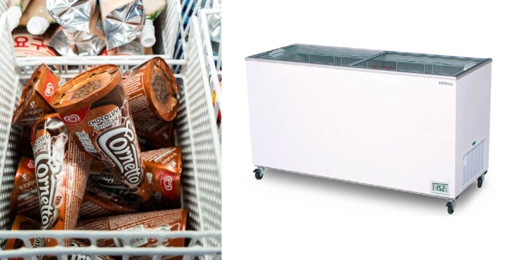 image shows a basket full of cone ice cream and Bromic display chest freezer 