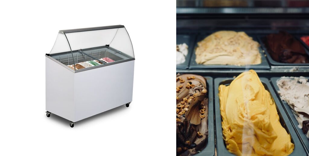 image shows Bromic gelato display freezer on our side and a close up of tubs of ice cream on display