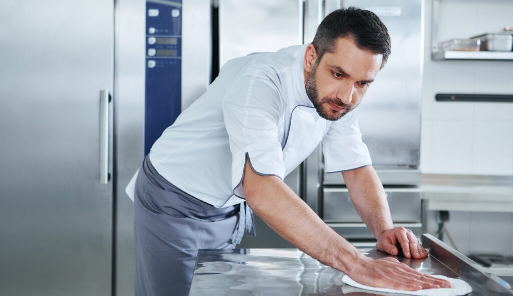 A chef wiping down a stainless steel surface in a commercial kitchen.