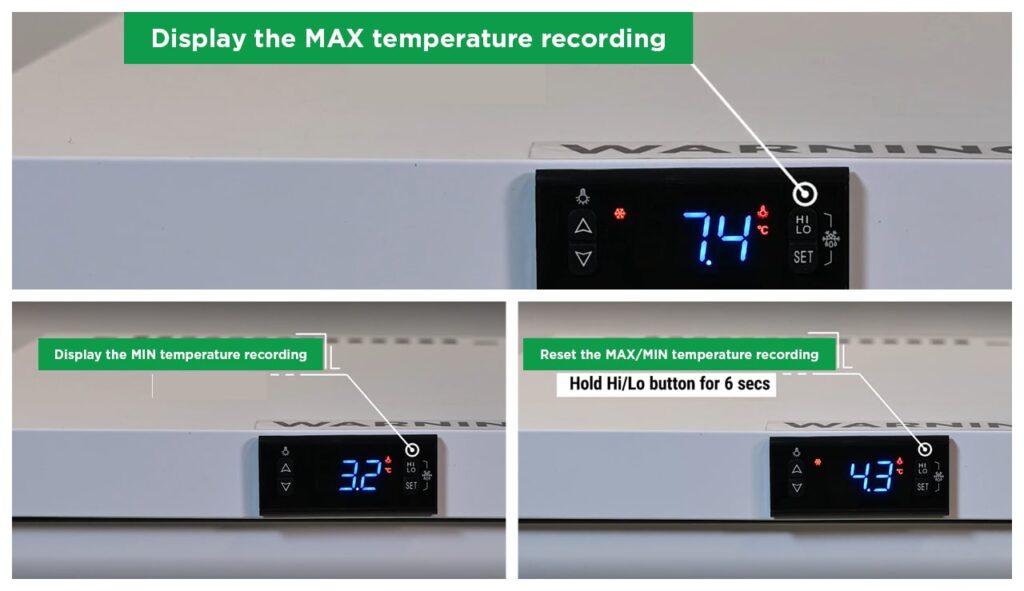  A collage of the three steps on how to use and reset the temperature display of the MED0140GD.