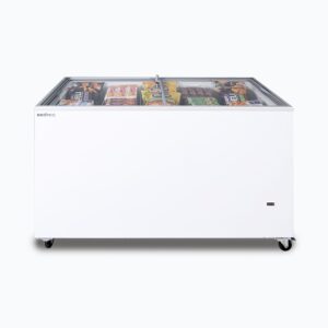 Image of a 401L medium white display chest freezer with a flat glass top, front view with frozen goods inside.