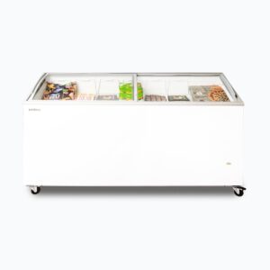 Image of a 555L large white display chest freezer with a curved glass top, front view with frozen goods inside.