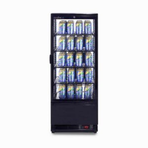 Image of a 98L black countertop fridge with a flat glass, front view with canned drinks inside.