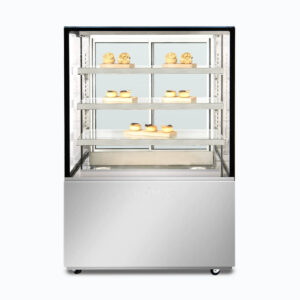 Image of a 900mm wide stainless steel hot food display, front view with warm pastries inside.