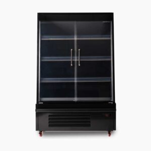 Image of a 939mm wide black semi vertical display fridge with hinged doors, front view.