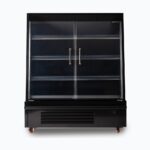 Image of a 1250mm wide black semi vertical display fridge with hinged doors, front view.