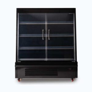 Image of a 1250mm wide black semi vertical display fridge with hinged doors, front view.