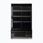 Image of a 939mm wide black semi vertical display fridge with sliding doors, front view.