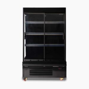 Image of a 939mm wide black semi vertical display fridge with sliding doors, front view.
