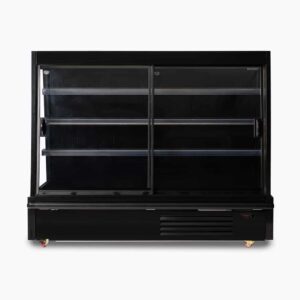 Image of a 1875mm wide black semi vertical display fridge with sliding doors, front view.
