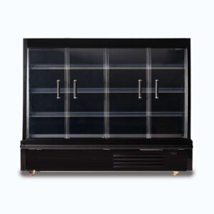 Image of a 1875mm wide black semi vertical display fridge with hinged doors, front view.