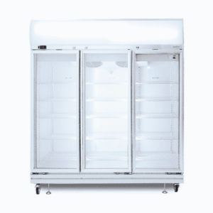 Image of a 1507L stainless steel/white upright display fridge with lightbox and three doors, front view.