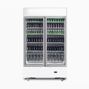 Image of a 960L white cassette upright display fridge with lightbox and two doors, front view with drinks inside.