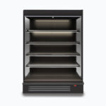 Image of a 1250mm wide black full height multideck display fridge, front view.