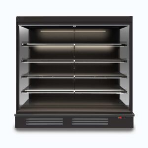 Image of a 1875mm wide black full height multideck display fridge, front view.