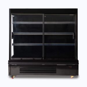 Image of a 1580mm wide black semi vertical display fridge with sliding doors, front view.