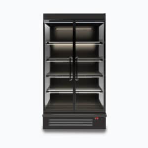 Image of a 939mm wide black full height multideck display fridge with doors, front view.