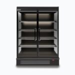 Image of a 1250mm wide black full height multideck display fridge with doors, front view.