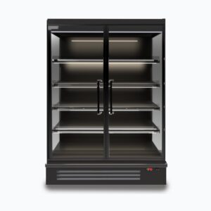 Image of a 1250mm wide black full height multideck display fridge with doors, front view.
