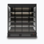 Image of a 1875mm wide black full height multideck display fridge with doors, front view.