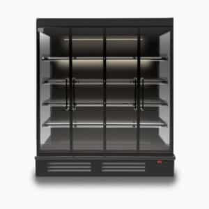 Image of a 1875mm wide black full height multideck display fridge with doors, front view.