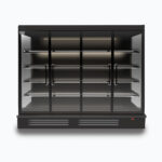 Image of a 2500mm wide black full height multideck display fridge with doors, front view.