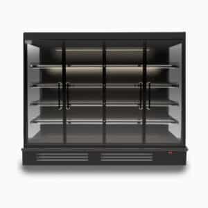 Image of a 2500mm wide black full height multideck display fridge with doors, front view.
