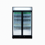 Image of a 885L black upright display fridge with lightbox and two doors, front view with drinks inside.